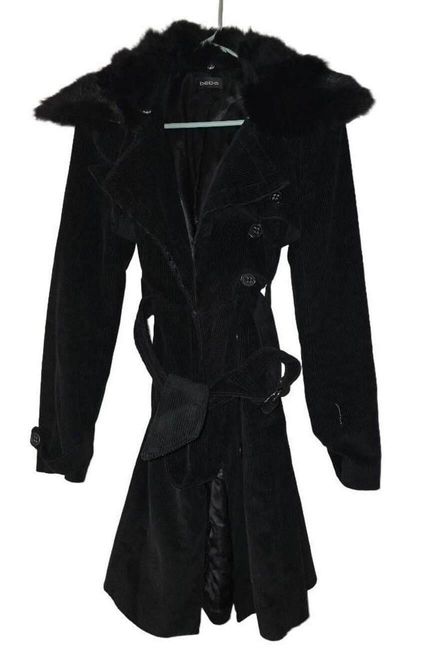 Bebe Corduroy Trench Coat Black Real Fur Collar Y2K